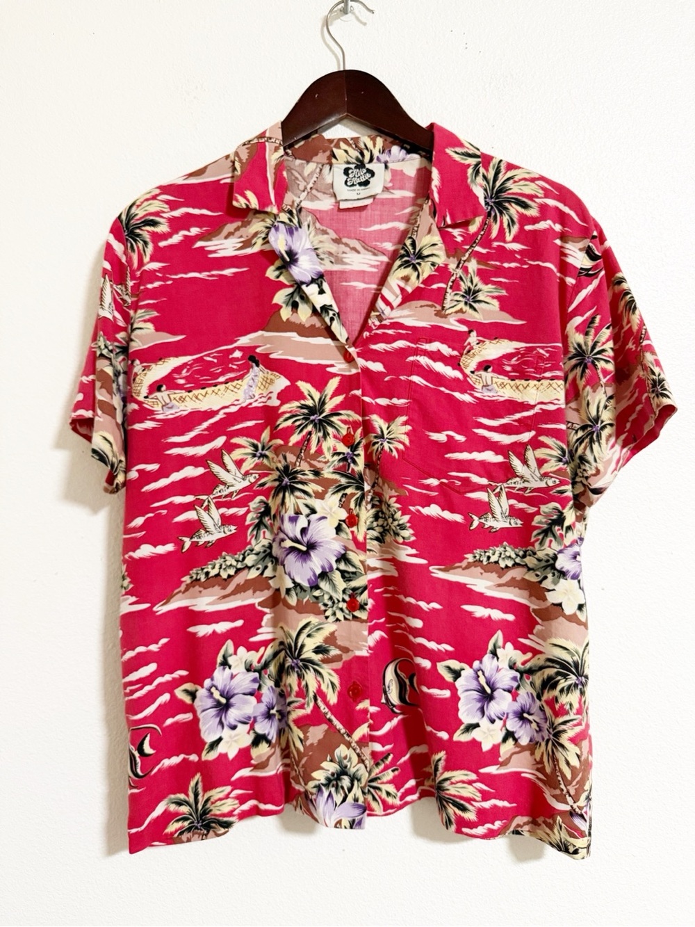 Vintage Hilo Hattie Tropical Floral Hawaiian Button Front Shirt Pink Size M